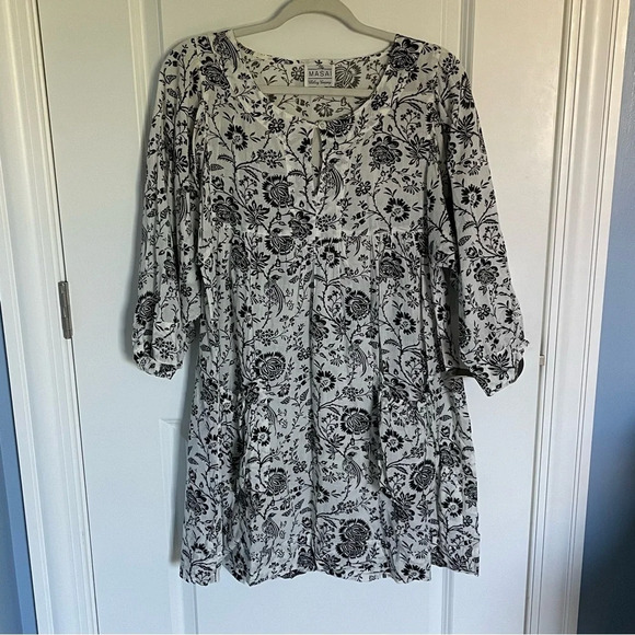 Masai Black Cream Bird Floral Print Mini Dress 29418 - Picture 2 of 16